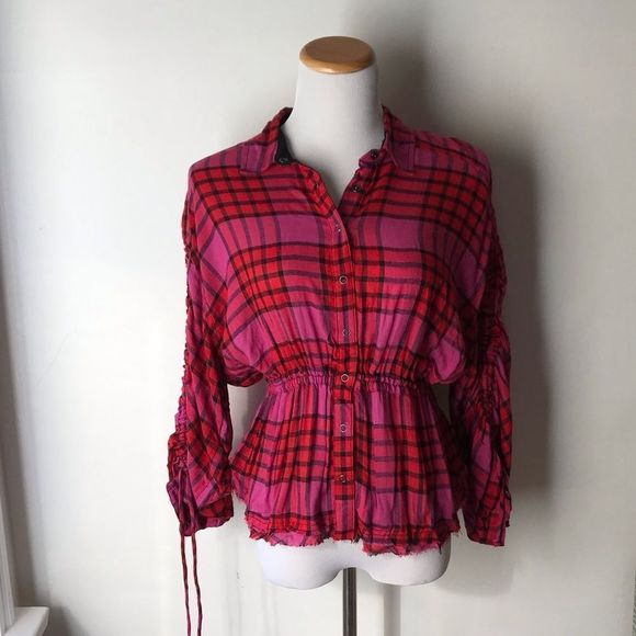 NWOT Free People cinched raw edge snap up top, XS - Picture 2 of 6